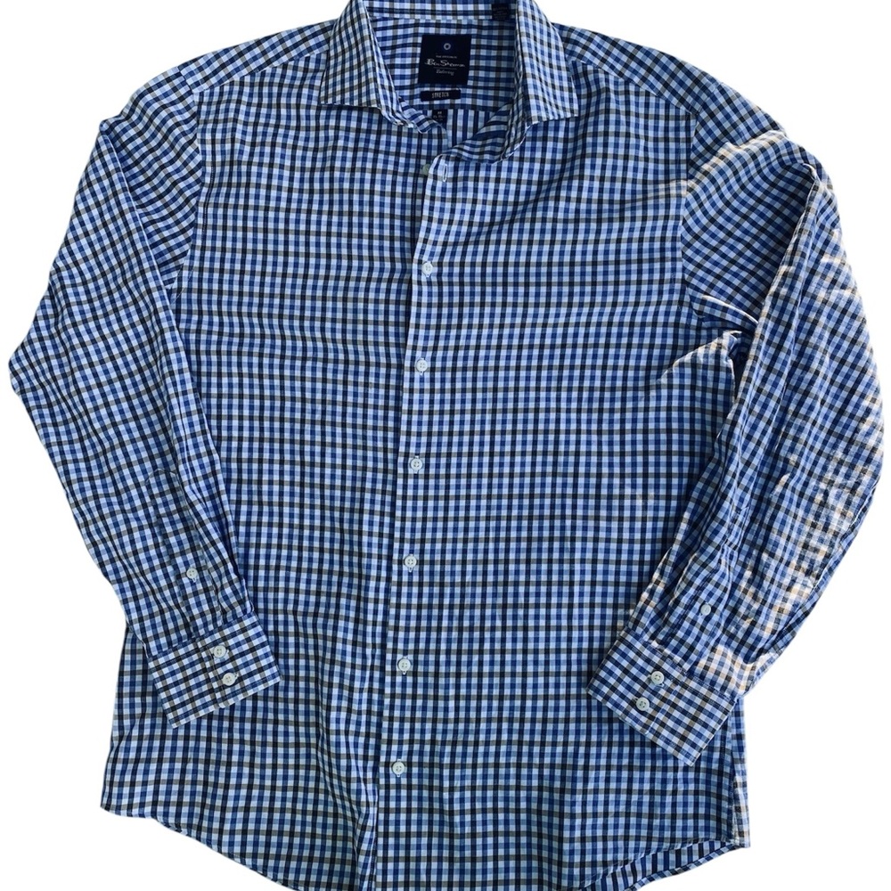 Ben Sherman Stretch Regular Fit Check Dress Shirt Medium 15-15 1/2 32/33 Blue